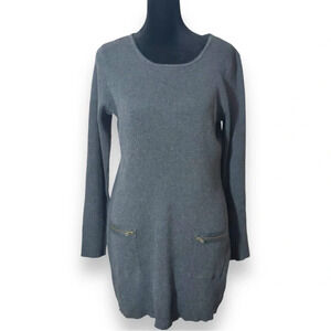 AGB Dark Gray Crewneck Long Sleeve Straight Zip Pocket Front Mini Sweater Dress